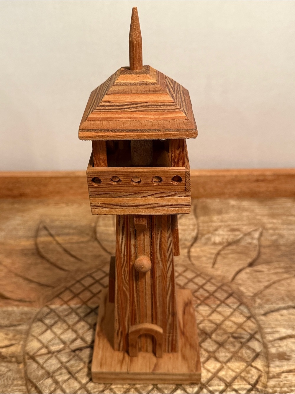 Handcrafted Wooden Lighthouse Sculpture - Natural Wood